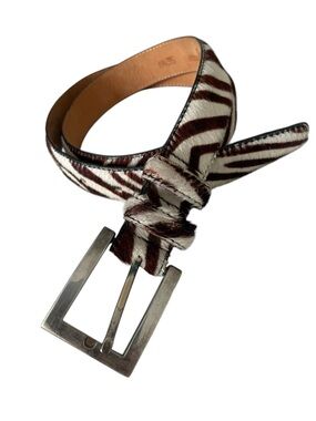 Zebra Pony Hair Leather Belt Silver Buckle Brown White  ANNABELLA $168 Made USA